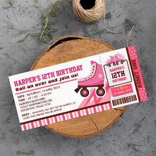 Rosa Roller Skate Sport Biljett Pass Birthday Inbjudningar