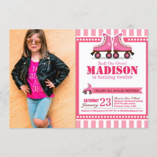 Rosa Roller Skate Sport Birthday Photo Inbjudningar
