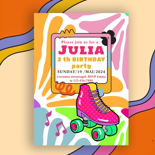 rosa Roller Skattning Birthday COLORFUL Retro Inbjudningar (Skapare uppladdad)