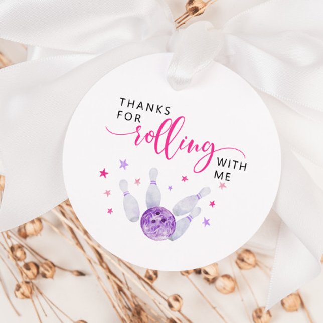 Rosa Rolling Bowling Födelsedagsfest Gåvor Etiketter (Skapare uppladdad)