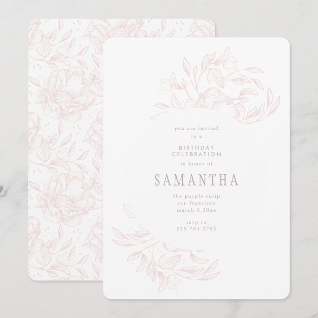 Rosa Romantic Drawn Blommigt Birthday-inbjudan Inbjudningar (Fram/baksida)