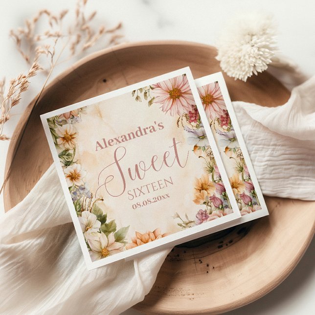 Rosa Romantic Pastel Wildblommor Sweet 16 Pappersservett (Skapare uppladdad)