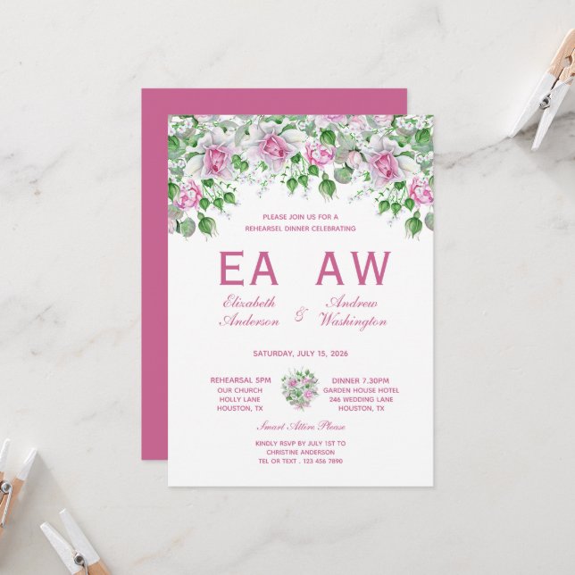 Rosa Romantic Ro Bröllop Rehearsal Dinner Inbjudningar (Fram/Back In Situ)