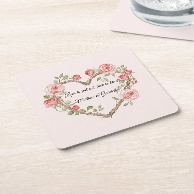  Rosa Romantic Röd ros Blommigt Heart Bröllop Underlägg Papper Kvadrat (Vinklad)