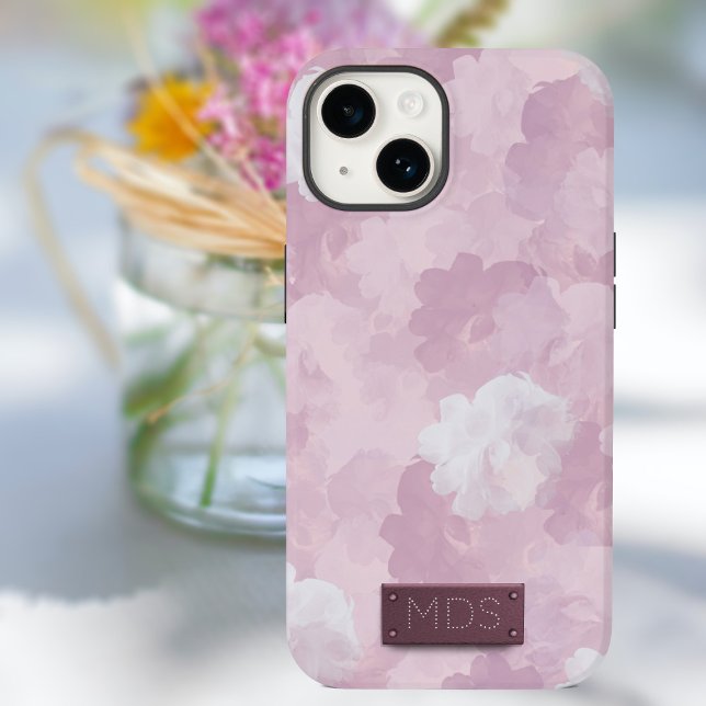  Rosa Romantic Watercolor Blommigt Monogram (A pretty blush pink floral phone case with space for your initials)