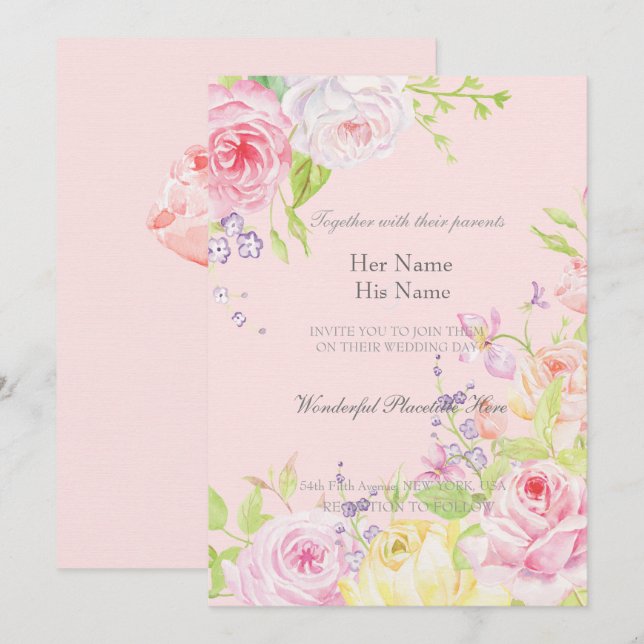 Rosa Romantic Watercolor Ro Bröllop Inbjudningar (Fram/baksida)