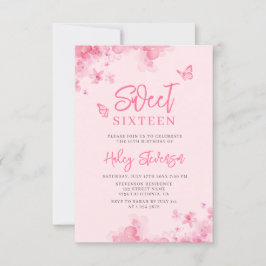 Rosa Romantisk blommigt, vattenfärg Foto Sweet 16 Inbjudningar
