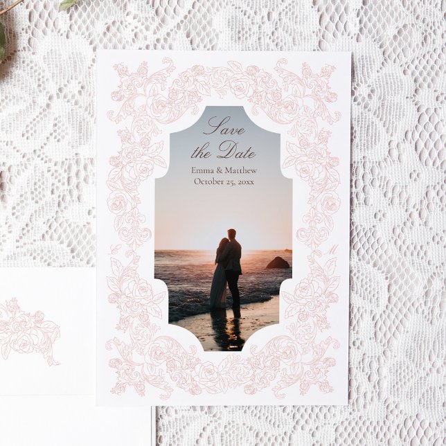 Rosa Romantisk Viktoriansk Foto Spara Datumet (Romantic photo save the date card with victorian botanical ornament illustrations in blush pink)