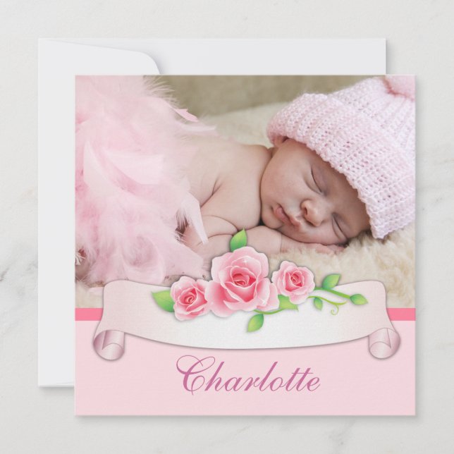 Rosa Ros Baby Flicka Födelsekungörelser Meddelande (Framsida)