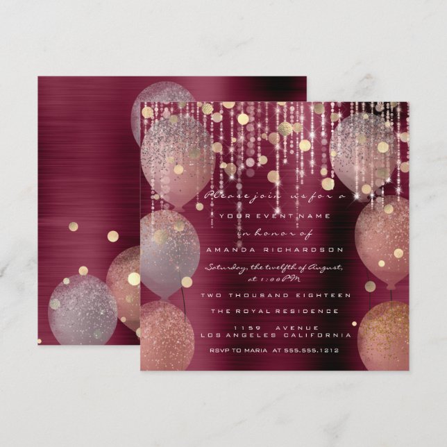 Rosa ros Ballon Sweet 16:e Möhippan Bordeaux Marsa Inbjudningar (Fram/baksida)