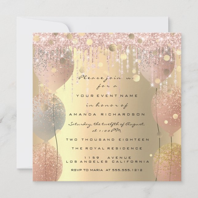 Rosa ros Ballon Sweet 16:e Möhippan Inbjudningar (Framsida)