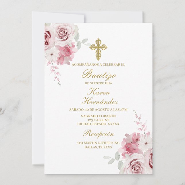 Rosa ros Baptism spanska Inbjudningar (Framsida)