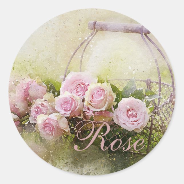 Rosa ros Basket Runt Klistermärke (Framsida)