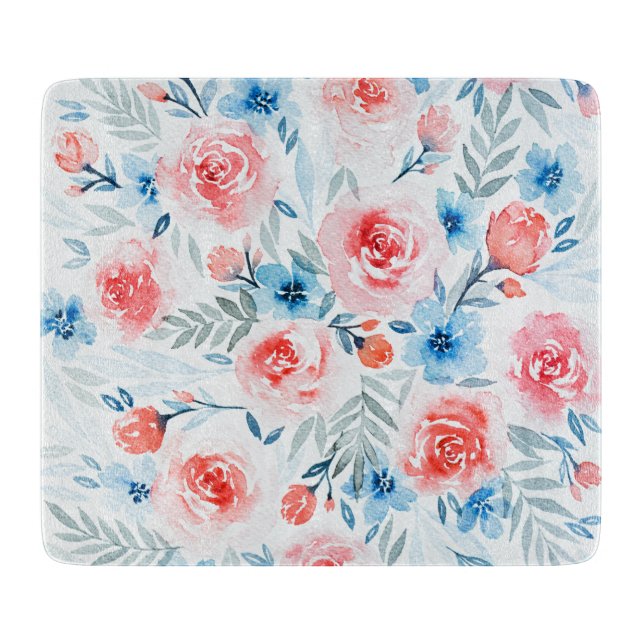 Rosa ros Blåa blommor Watercolor Blommönster (Framsidan)