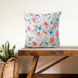 Rosa ros Blåa blommor Watercolor Blommönster Kudde