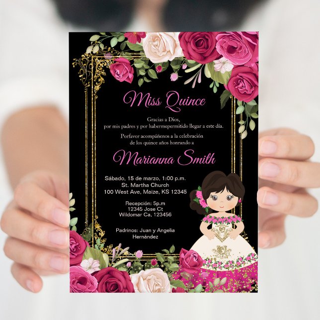 Rosa ros & Black Background Quinceanera Inbjudningar (Skapare uppladdad)