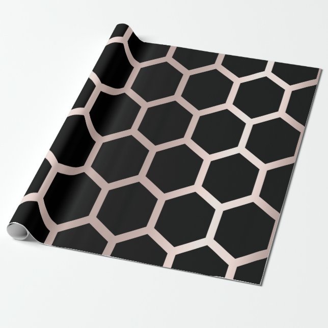 Rosa ros  Black Geometry Honeycomb Hexagon Presentpapper (Utrullad)