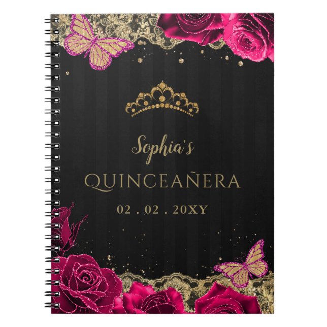 Rosa ros Black Guld Snöre Quinceañera Guestbook Anteckningsbok (Framsidan)