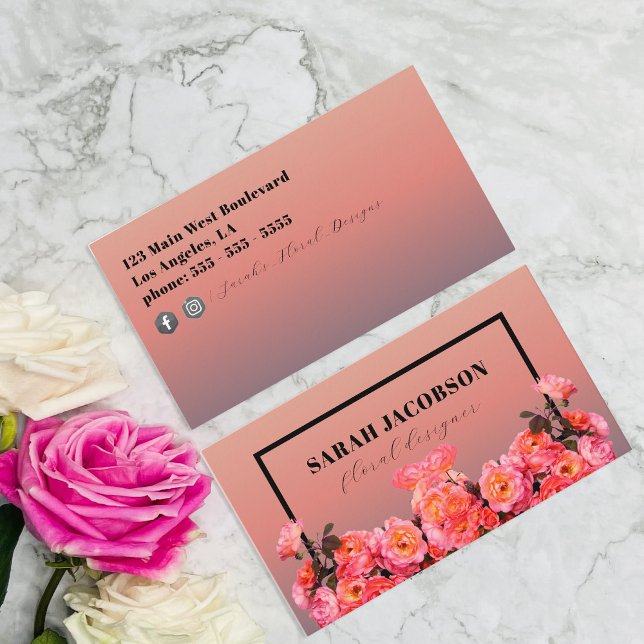 Rosa ros Black Rectangle Ram Blommigt Designer Visitkort (Skapare uppladdad)