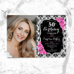 Rosa ros Black Silver Damask Photo 50:e födelsedag Inbjudningar<br><div class="desc">Femininininbjudan till elegantens blommigt på 50 år med ditt foto. Glam svartvit rosa design med faux glitter silver. Innehåller svartvit dämpningsmönster, rosa ros, skriptteckensnitt och kontur. Perfekt för en snyggt vuxen under firande party. Anpassa med dina egna detaljer. Kan anpassas för vilken ålder som helst! Skrivna Zazzle-inbjudningar eller digital utskrivbar...</div>