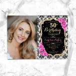 Rosa ros Black White Damask Photo 50:e födelsedage Inbjudningar<br><div class="desc">Femininininbjudan till elegantens blommigt på 50 år med ditt foto. Glam svartvit rosa design med faux glitter guld. Innehåller svartvit dämpningsmönster, rosa ros, skriptteckensnitt och kontur. Perfekt för en snyggt vuxen under firande party. Anpassa med dina egna detaljer. Kan anpassas för vilken ålder som helst! Skrivna Zazzle-inbjudningar eller digital utskrivbar...</div>