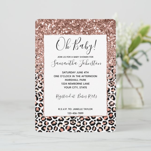 rosa ros Black White Leopard Glitter Gnistra  Inbjudningar (Stående Fram)