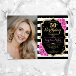 Rosa ros Black White Rand Photo 50:e födelsedagen Inbjudningar<br><div class="desc">Femininininbjudan till elegantens blommigt på 50 år med ditt foto. Glam svartvit rosa design med faux glitter guld. Innehåller svart och vitt rand, rosa ros, skript och konetti. Perfekt för en snyggt vuxen under firande party. Anpassa med dina egna detaljer. Kan anpassas för vilken ålder som helst! Skrivna Zazzle-inbjudningar eller...</div>