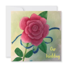 Rosa ros Blått band Vattenfärg Bröllopsinbjudninga