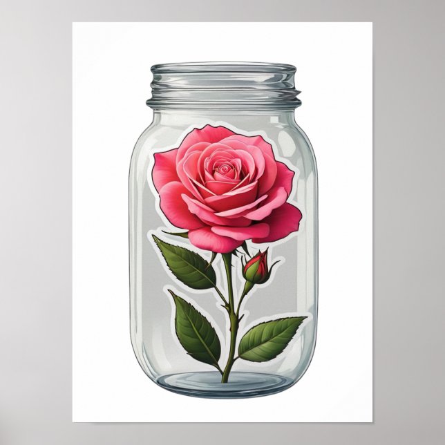 Rosa ros-blomma i en glasbotten Flaska Poster (Framsidan)