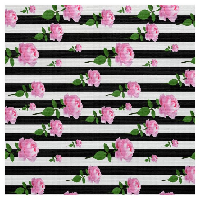 Rosa ros blommar på Svartvit Rand Tyg (Provkarta)