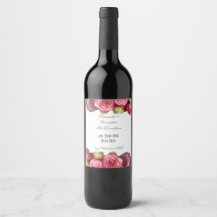 Rosa ros blommig bröllopsbukett vinflaska etikett