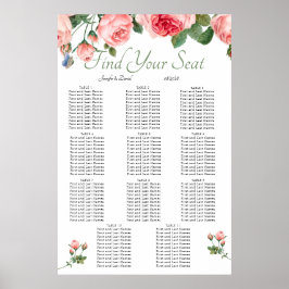 Rosa ros blommig elegant sittplatskarta poster