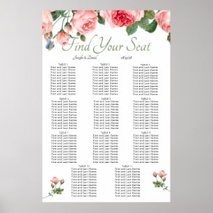 Rosa ros blommig elegant sittplatskarta poster