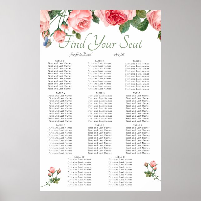 Rosa ros blommig elegant sittplatskarta poster (Framsidan)