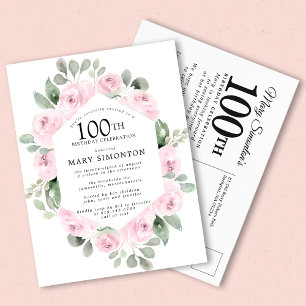 Rosa ros Blommig Eukalyptus 100-årsdag Inbjudan Vykort