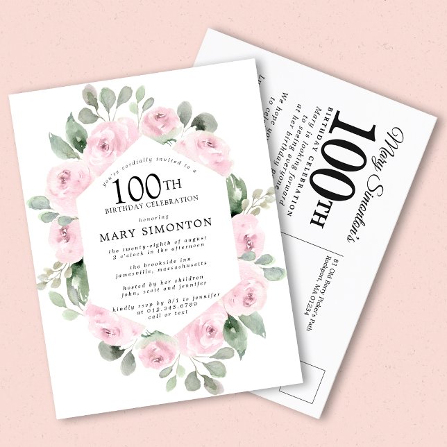Rosa ros Blommig Eukalyptus 100-årsdag Inbjudan Vykort (Skapare uppladdad)