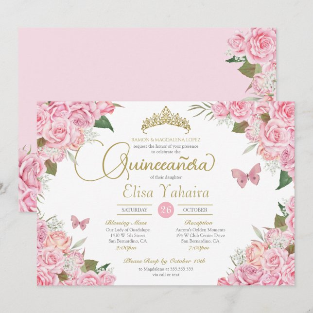 Rosa ros blommig guld tiara fjäril Quinceanera Inbjudningar (Fram/baksida)