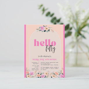 Rosa ros blommig Hello Fifty födelsedagsinbjudan Vykort