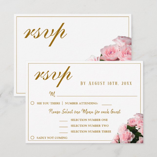 Rosa ros blommig menyval för bröllop RSVP-kort OSA Kort (Fram/baksida)