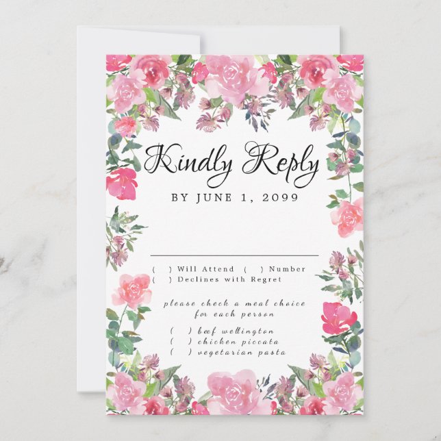 Rosa ros blommig RSVP-kort med måltidsval Inbjudningar (Framsida)
