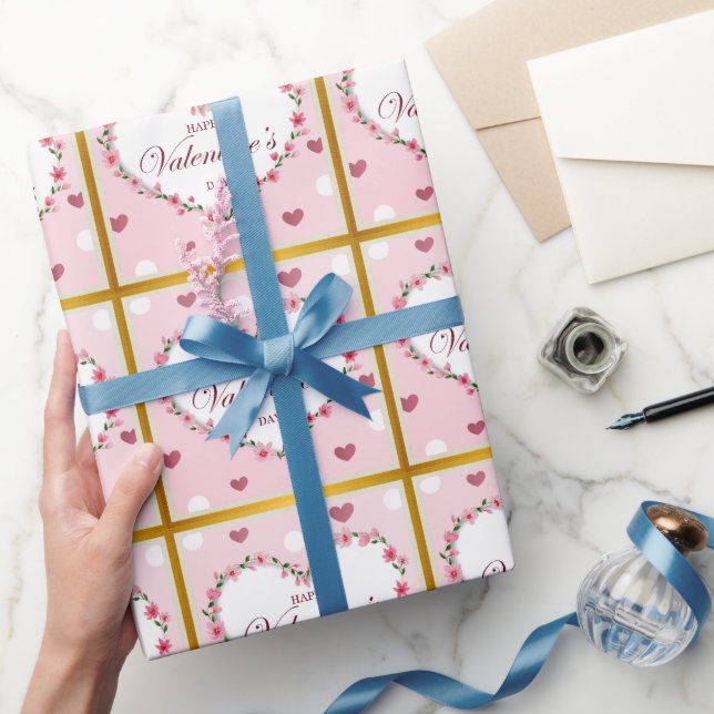 Rosa ros blommiga hjärtan Alla hjärtans dags-prese Presentpapper (Gifting)