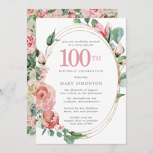 Rosa ros Blommigt 100:e Födelsedagsfesten Inbjudningar (Fram/baksida)