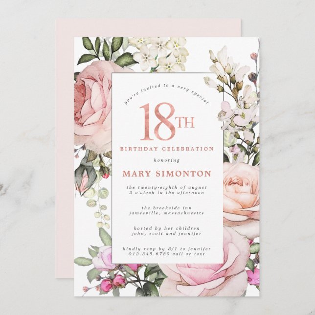  Rosa ros Blommigt 18 Födelsedagsfest Inbjudningar (Fram/baksida)
