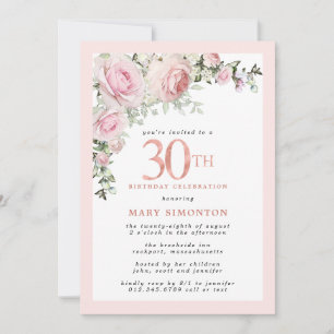 Rosa ros Blommigt 30års födelsedag Party Inbjudningar