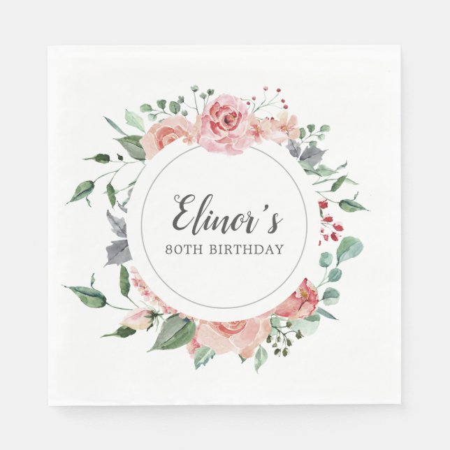 Rosa ros Blommigt 80:e födelsedagen Tack Pappersservett (Framsidan)
