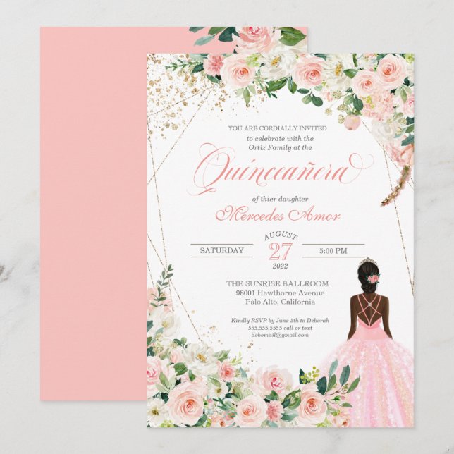  Rosa ros Blommigt Afrolatina Quinceanera Inbjudningar (Fram/baksida)