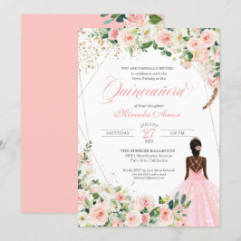  Rosa ros Blommigt Afrolatina Quinceanera Inbjudningar