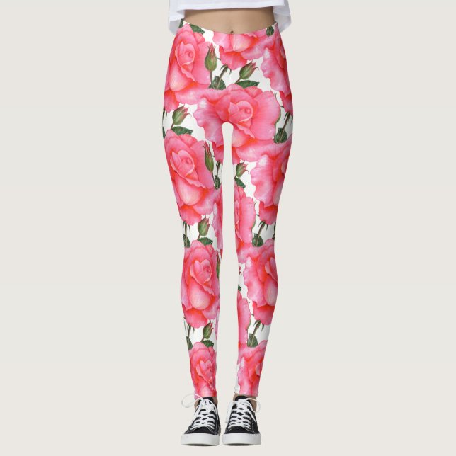 Rosa ros Blommigt Art Leggings (Framsida)