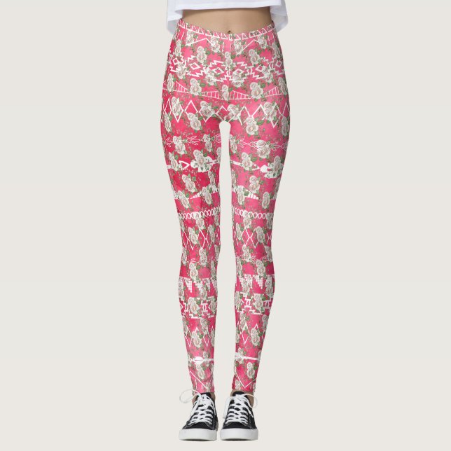 Rosa ros Blommigt Aztec Mönster Leggings (Framsida)
