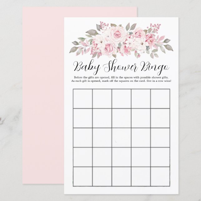 Rosa ros Blommigt Baby Shower Bingo Game (Fram/baksida)